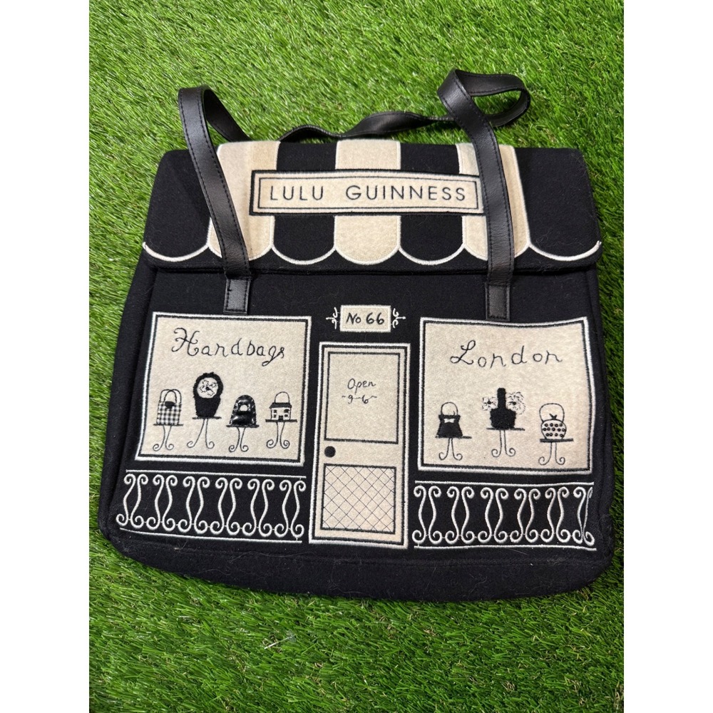 Lulu Guinness London Black Wool Tote‎ Bag with Shop Facade Design No 66